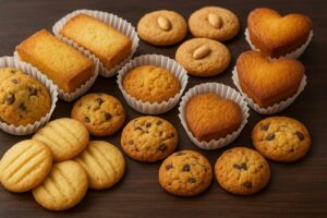 ダークウッドのテーブルに並べられた、手作りのクッキーやフィナンシェ、マドレーヌなどの焼き菓子の盛り合わせ。