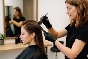 美容院で髪にカラー剤を丁寧に塗る美容師と、落ち着いた様子で施術を受ける女性客。
