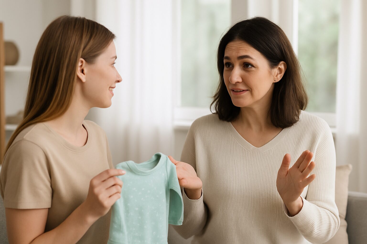 明るいリビングで、若い女性がミントグリーンの子供服を手に持ちながら、年上の女性と微笑みながら話し合っている様子。