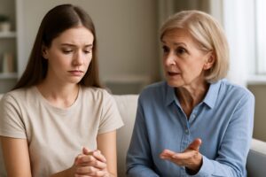 リビングのソファで向き合い、若い女性が少し困った表情で話を聞き、年上の女性が穏やかに話しかけている様子。