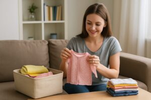 リビングのソファに座り、子ども服を一枚ずつ丁寧にたたんで収納ボックスに整理している若い母親。
