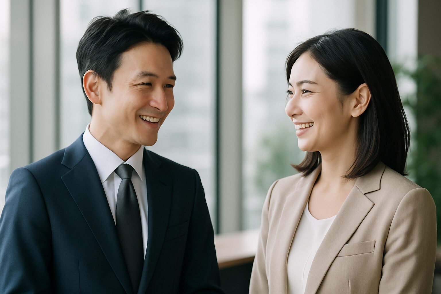 明るいオフィスでスーツ姿の男女が笑顔で会話している様子。背景には大きな窓と緑があり、親しみやすく穏やかなビジネスシーンを感じさせる。