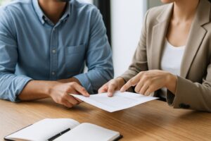 書類を指差しながら打ち合わせをする男女の手元の様子。仕事のやり取りを通じた丁寧なコミュニケーションをイメージさせる写真。