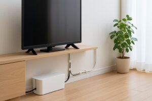 白い壁とナチュラルな家具に囲まれたリビングで、テレビ裏のコードがケーブルボックスとクリップで見えないように整理されている様子。
