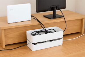 テレビ裏の壁に沿って配線がクリップで固定され、コードが床に垂れ下がらないよう整理された、浮かせる配線収納の実例。