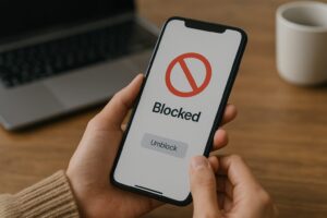スマートフォンの画面に表示されたブロック中の相手のプロフィールと「Blocked」マーク
