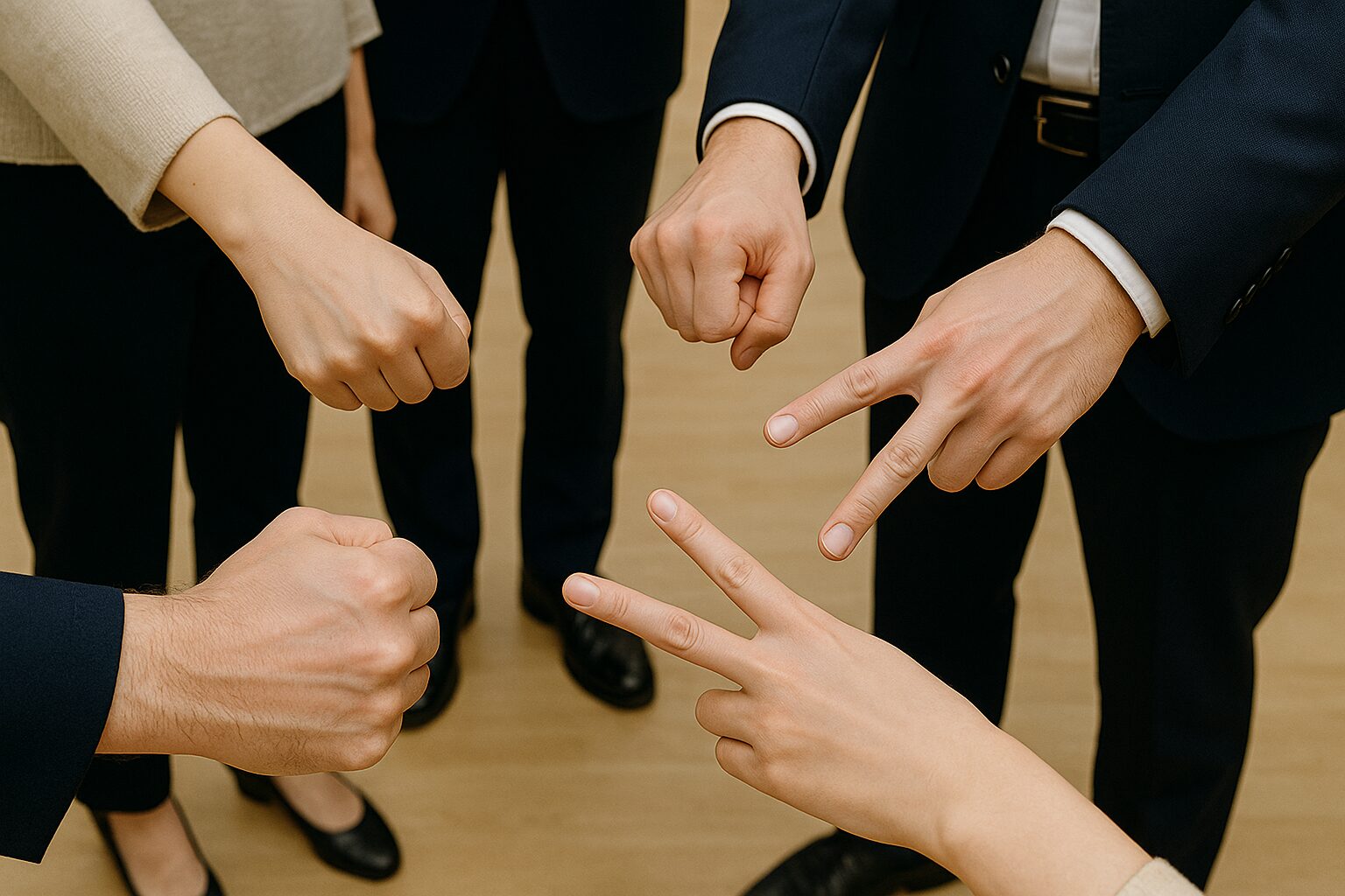円を囲んだ4人がそれぞれグー・チョキ・パーを出し合う、じゃんけんの瞬間を写した写真。