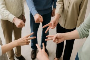 複数人が円を囲み、それぞれグー・チョキ・パーを出している様子。じゃんけん中の手元が中心に映る。