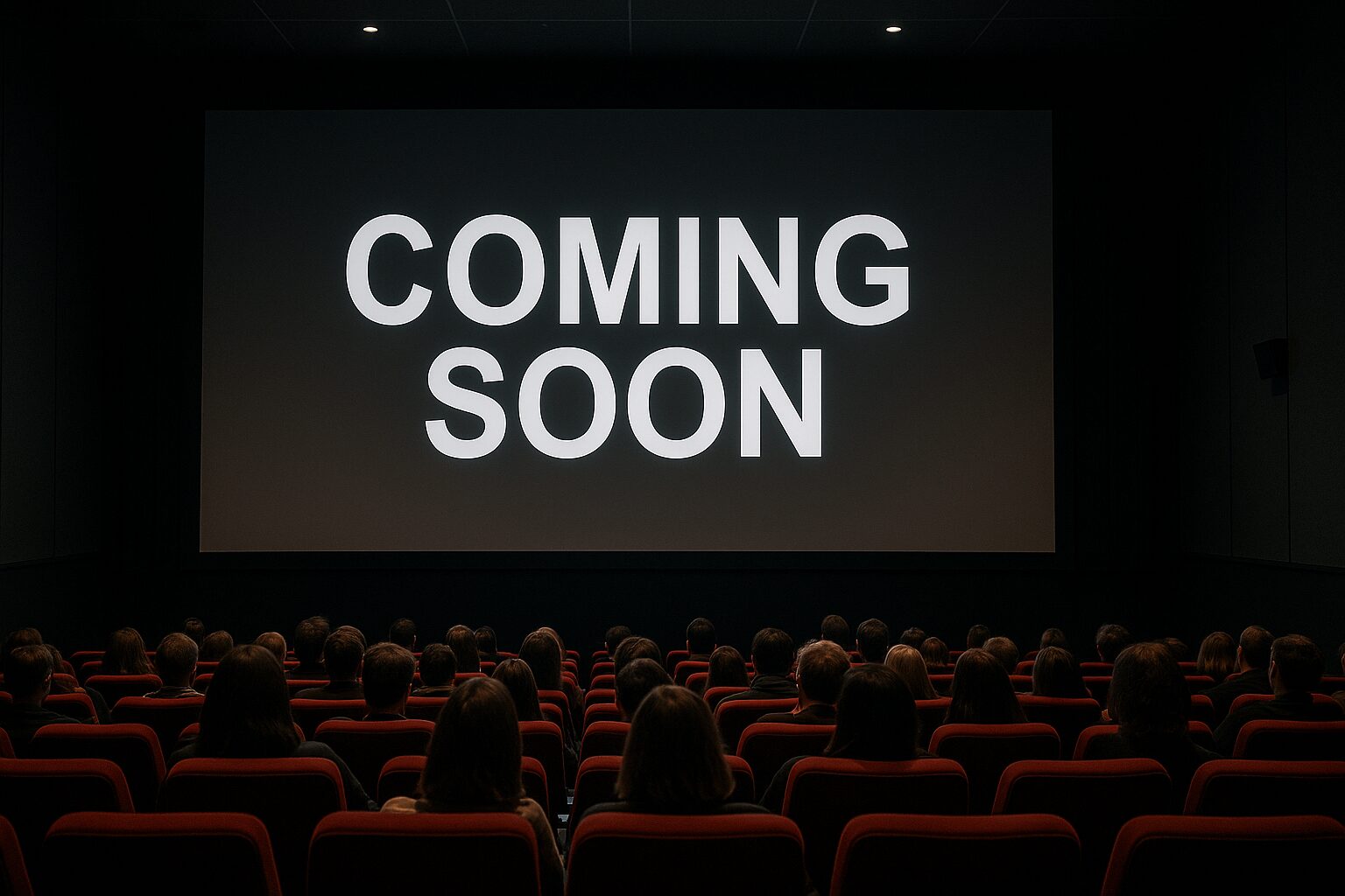 映画館のスクリーンに「COMING SOON」と表示されている様子を、観客席の後方から写した写真