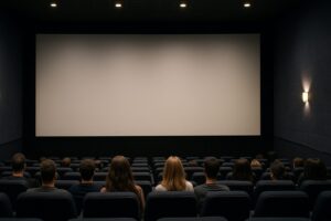 上映前の映画館で、観客が座席に座りスクリーンを見つめる様子