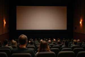 上映前の映画館で観客が静かに座っている様子。明かりが灯った館内で、スクリーンが優しく光っている。