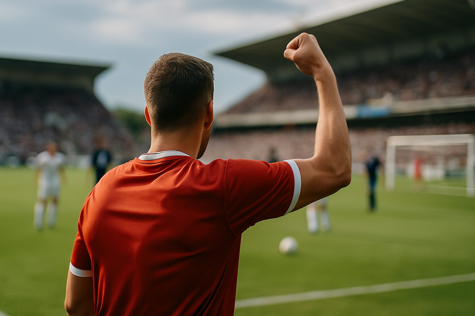 サッカー場で赤いユニフォームを着た選手が観客席に向かって拳を突き上げている後ろ姿