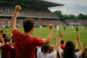 スタジアムでサッカー観戦中の観客たちが、手を挙げて声援を送っている様子