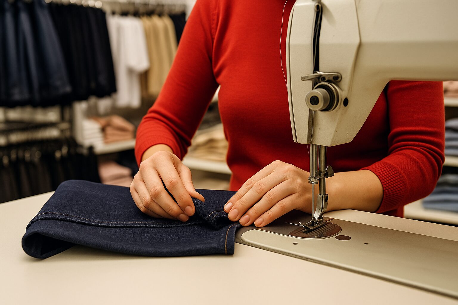 店内でジーンズの裾をミシンで縫っている様子。赤い服のスタッフが丁寧に裾上げ作業をしている。