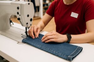 店舗内でスタッフがジーンズの裾をミシンで縫っている様子を上から撮影した写真