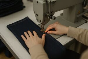 厚手のジーンズ生地をミシンで丁寧に縫っている作業風景の接写