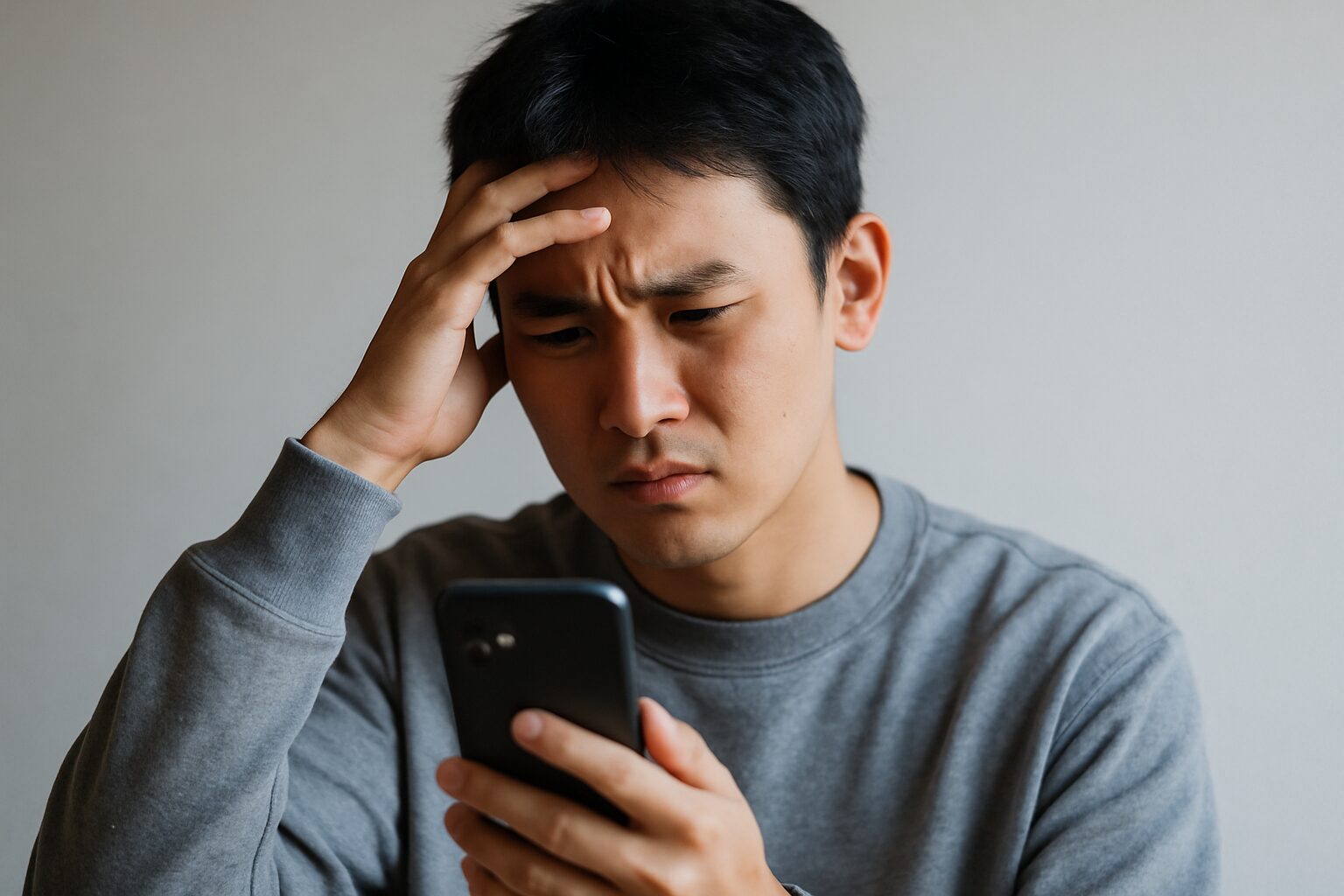 スマートフォンの画面を見つめて困惑している若い男性。アプリが起動しない様子に戸惑っている表情が印象的。