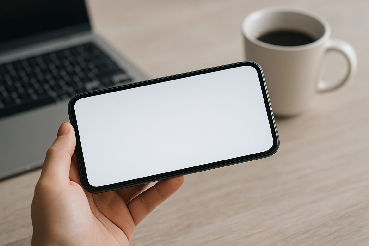 横向きに持たれたスマートフォンの白い画面。背景にはノートパソコンとコーヒーカップがぼんやり映っており、落ち着いたデスク環境が感じられる。