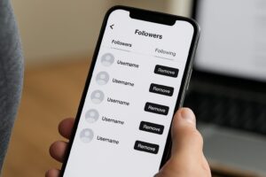 スマートフォンの画面にフォロワー一覧が表示されており、「Remove」ボタンが並んでいる。背景にはパソコンと作業スペースがぼんやりと写っている。