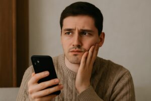 スマートフォンを手にした若い男性が、不安そうな表情で画面を見つめている。背景は自宅のリビングで落ち着いた雰囲気。