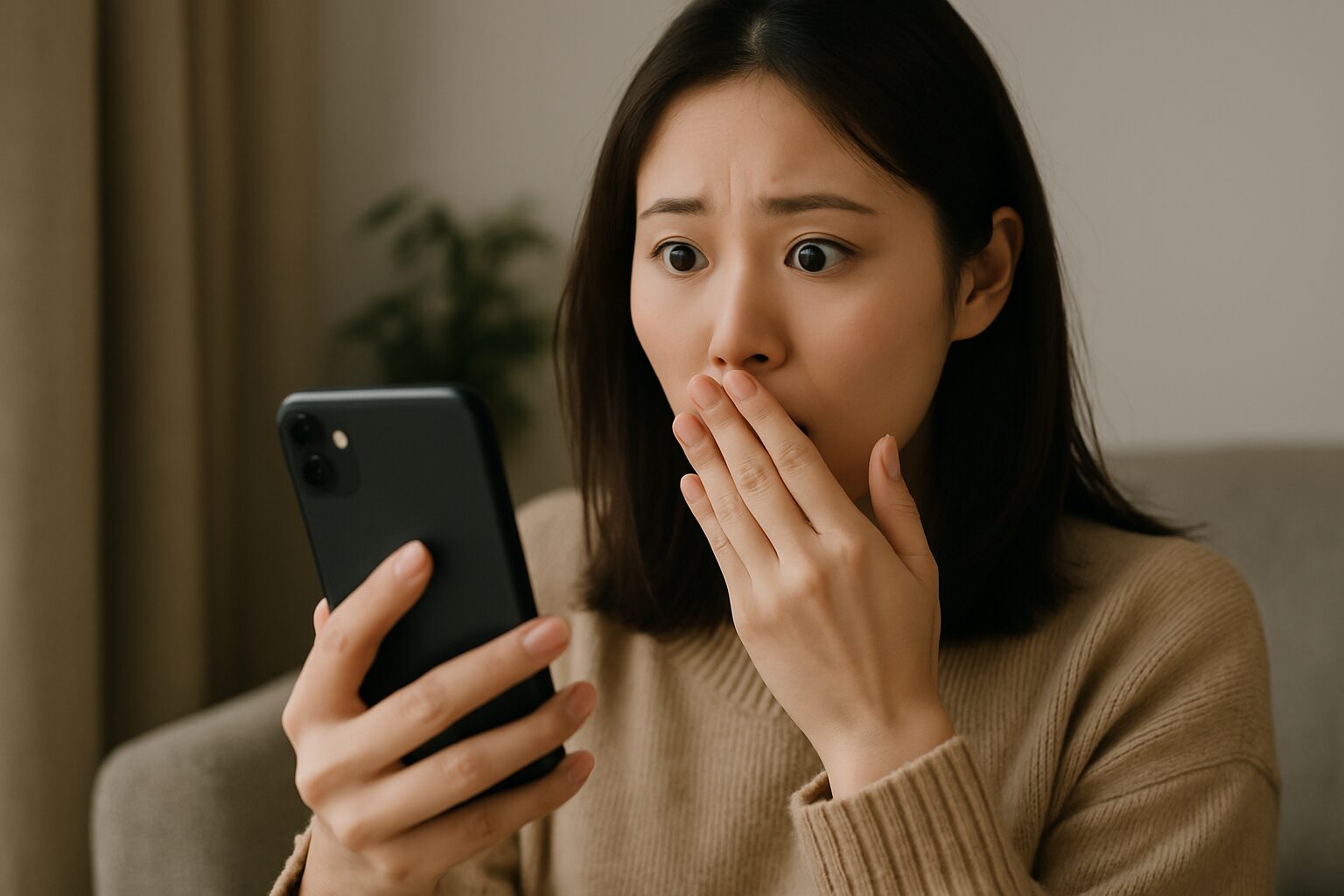 スマートフォンを見つめる女性が驚いた表情を浮かべている。画面の内容には焦点が当たっておらず、背景は家庭的な室内。