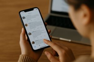 現代的なスマートフォンを操作する人物の手元。画面はぼかされており、アプリの内容は判別できない。
