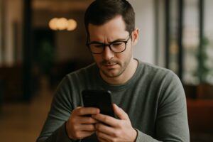 カジュアルな服装の若い男性が、スマートフォンを真剣な表情で操作している様子。背景はややぼかされ、アプリや画面内容は見えない。