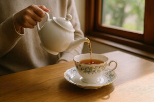 窓際でティーポットから紅茶を注いでいる様子。花柄のティーカップが柔らかい光に照らされている。