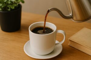 白いカップに注がれる熱々のコーヒー。木製のテーブルの上には本や観葉植物が並び、落ち着いた雰囲気。
