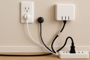 配線が整理されたリビングの様子。コードクリップや結束バンドで整えられ、床や壁に配線が目立たない。