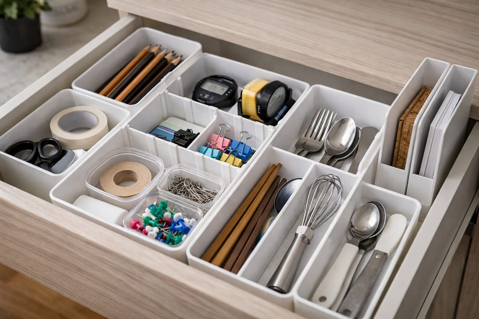 100均の仕切りケースで引き出しの中を整理している様子