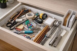 整理前の文房具や小物が混在している引き出しの様子