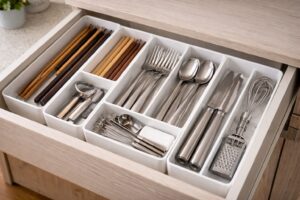 仕切りケースでカトラリーを種類ごとに整然と収納した引き出し