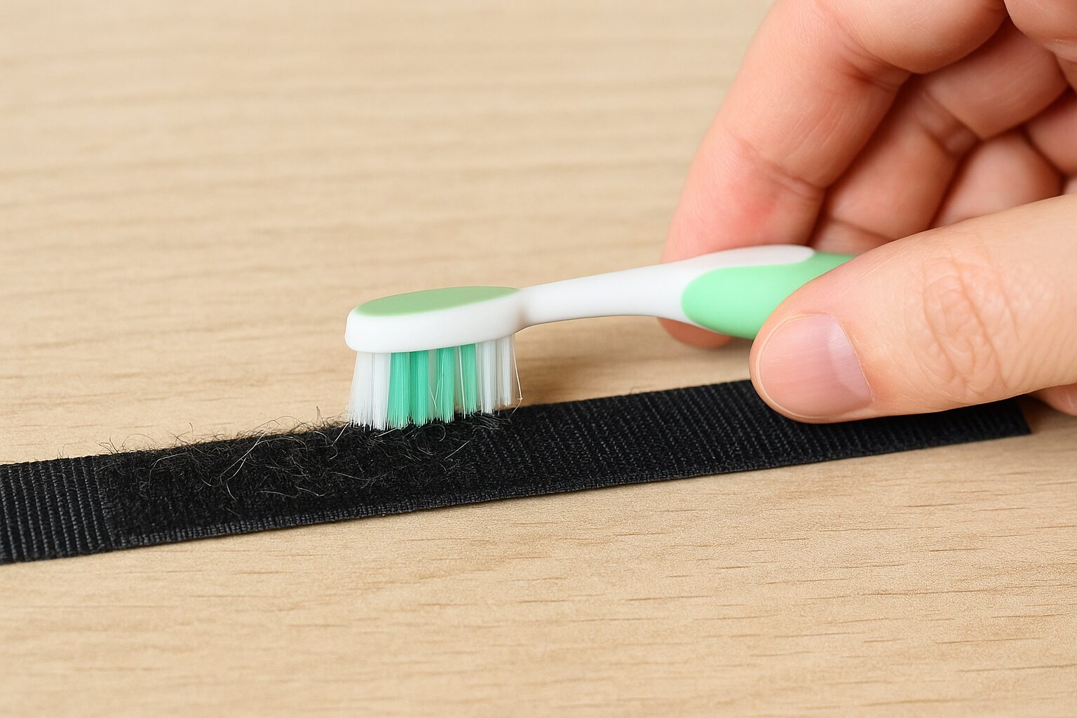 テーブルの上でマジックテープ付きの布製品を修復している手元の様子。家庭用品を使って丁寧に作業しているシーン。