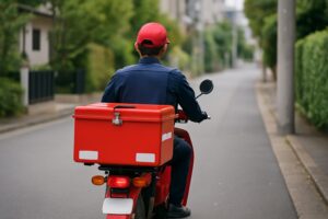 配達用バイクに乗った配達員が住宅街の道を走っている後ろ姿