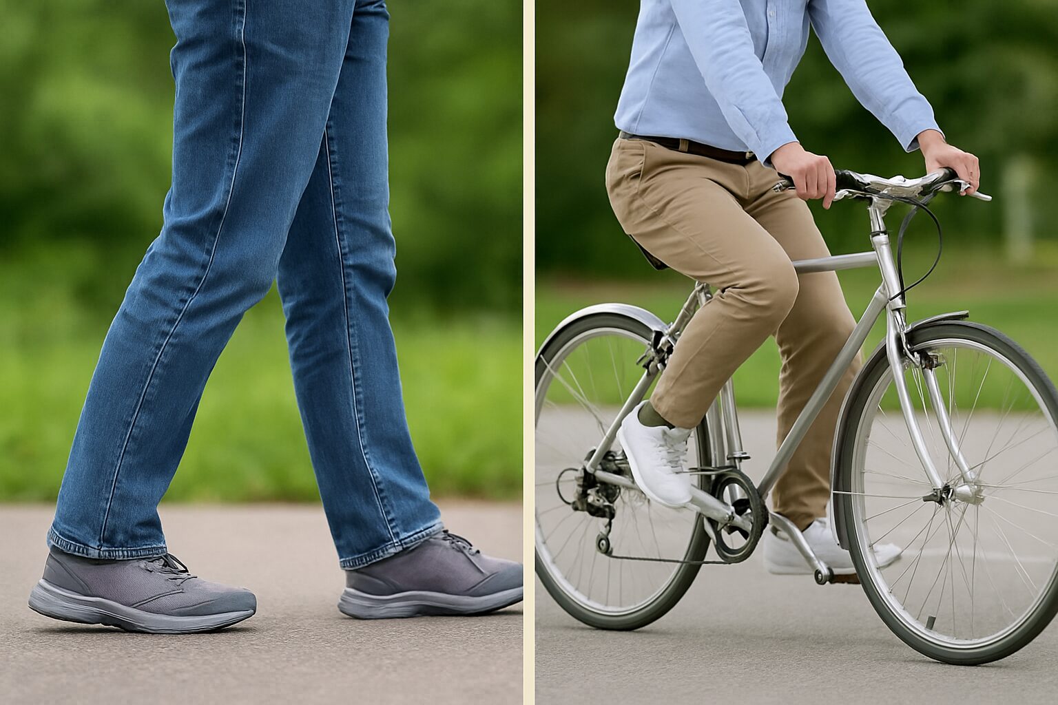 舗装された道の上で、左側に歩く人物の足元、右側に自転車に乗る人物の下半身が並んで映っている。どちらも緑の背景で自然光の中撮影されている。