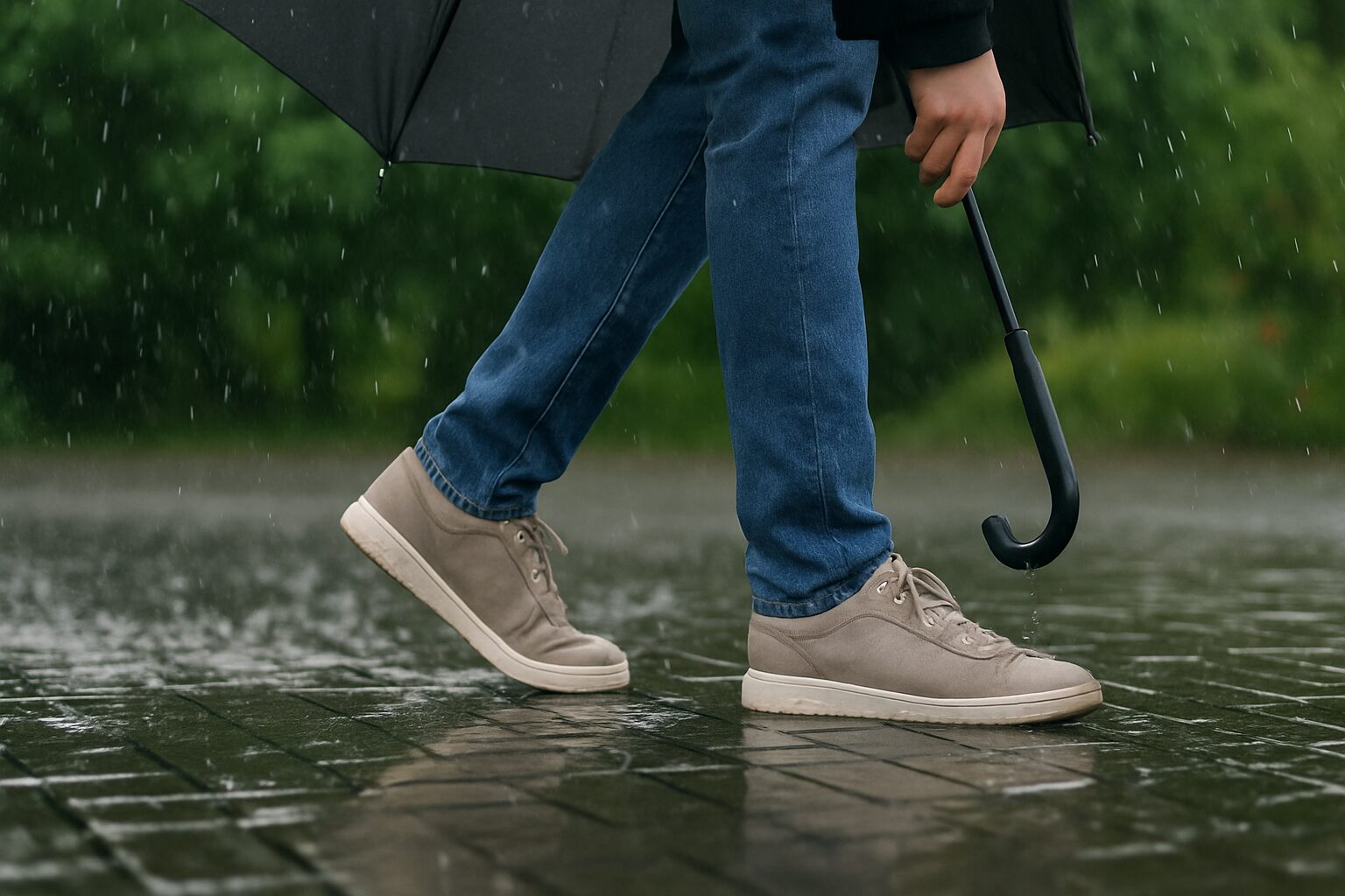 雨に濡れた舗道を歩く人物の足元。水たまりに足を踏み出すときに水しぶきが上がり、傘を持つ手が写っている。