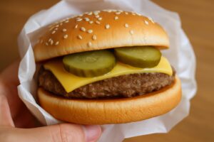 白い紙の上に置かれたバーガーと、横に並んだスマートフォン。画面には飲食店アプリの注文画面がぼかし気味に表示されている。