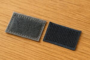 木目のテーブル上に並べられた、フック面とループ面のマジックテープのアップ写真。