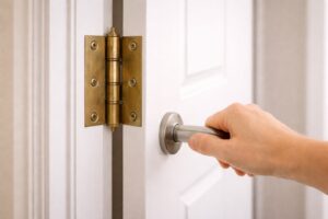 潤滑後にドアを開閉して蝶番の動きを確認している様子