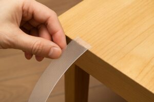 滑り止めテープをハサミでカットしている様子。作業中の手元がアップで写っている。