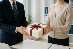 退職時に、女性が男性の上司に菓子折りを手渡している様子。白いテーブル越しに丁寧に贈られているギフトボックスには赤いリボンがかけられており、明るいオフィスの雰囲気が印象的。