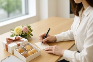 デスクの上で、女性が手書きのメッセージカードを添えながら菓子折りの準備をしている様子。開封されたギフトボックスの横には花束が添えられ、温かみのある日差しが差し込んでいる。