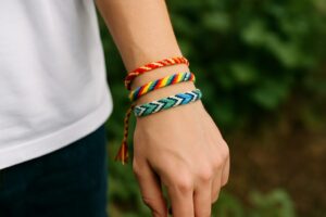 カラフルなミサンガを3本手首に巻いた人の手元。編み方や配色が異なり、それぞれに個性があるデザインが自然な背景の中で映えている。