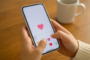 スマートフォンの画面に表示されたメッセージアプリで、赤いハートの絵文字を使ったチャットを見ている人物の手元。