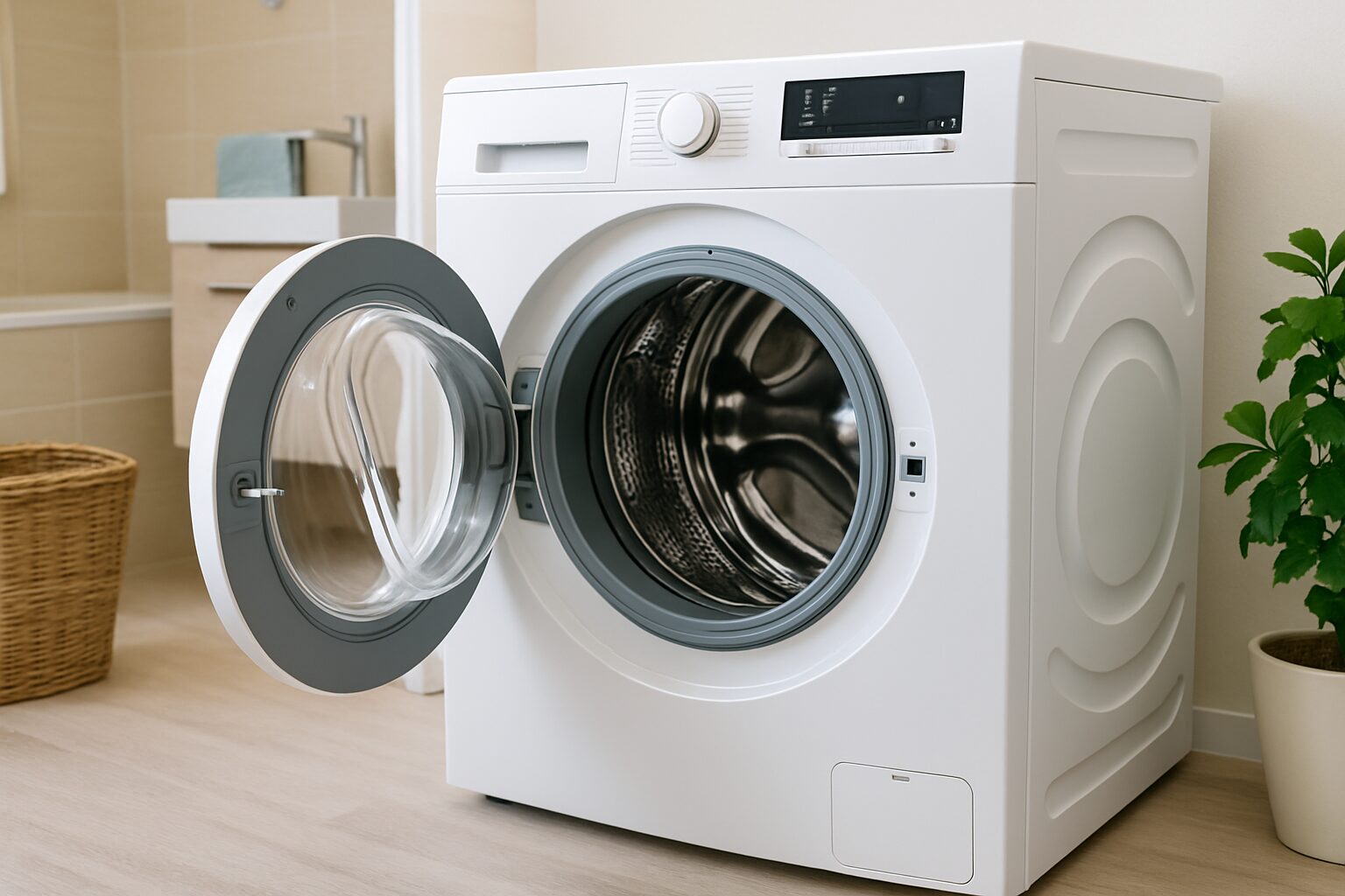 開いたドアが特徴的なドラム式洗濯機が、室内の明るい洗面所に設置されている様子。