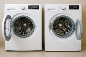 右開きと左開きのドアを備えた2台のドラム式洗濯機が並んでいる様子