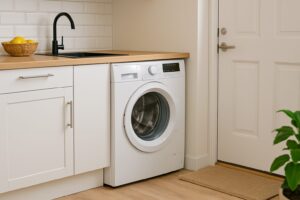 キッチンのシンク横に設置されたドラム式洗濯機。玄関ドアのすぐ隣に配置されている。
