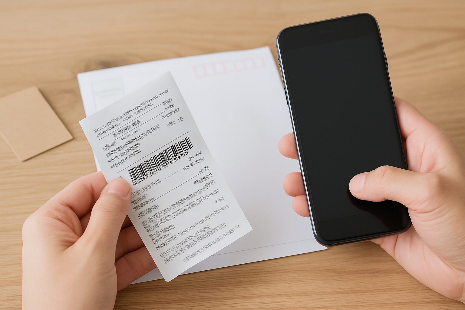 スマートフォンと日本郵便のレシートを手に持ち、追跡番号を確認しようとしている様子