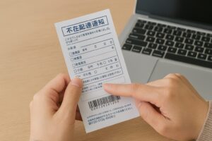 不在配達通知書を確認している人物の手元